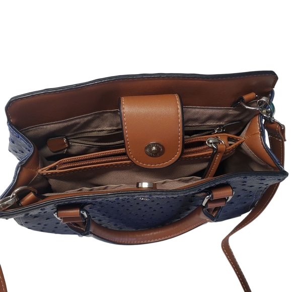 London Fog Blue and Brown Women's Satchel Bag With Detachable Strap - Picture 9 of 16